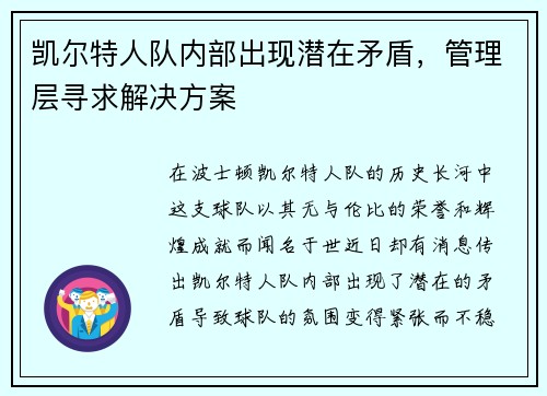 凯尔特人队内部出现潜在矛盾，管理层寻求解决方案