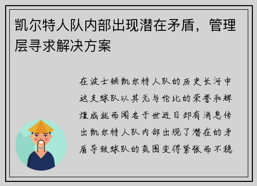 凯尔特人队内部出现潜在矛盾，管理层寻求解决方案